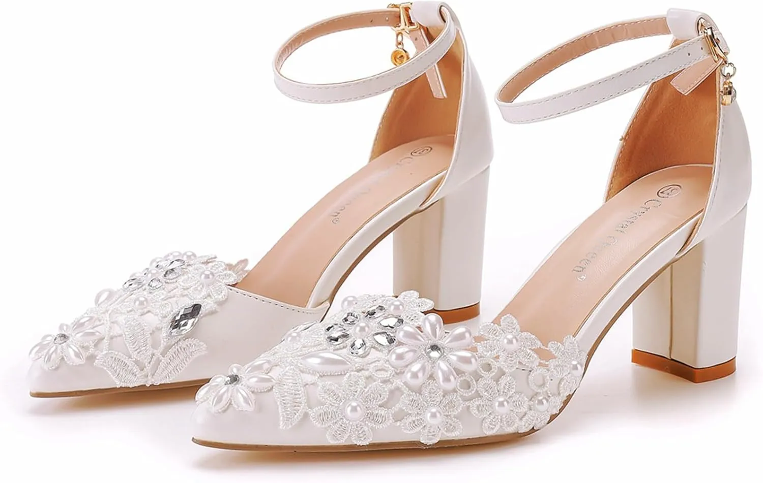 Women's Wedding Shoes Rhinestones Chunky High Heels, Lace Bridal Shoes,Womens Office Ladies Pointed Toe Pumps Shoes7cm