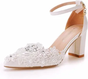 Women's Wedding Shoes Rhinestones Chunky High Heels, Lace Bridal Shoes,Womens Office Ladies Pointed Toe Pumps Shoes7cm