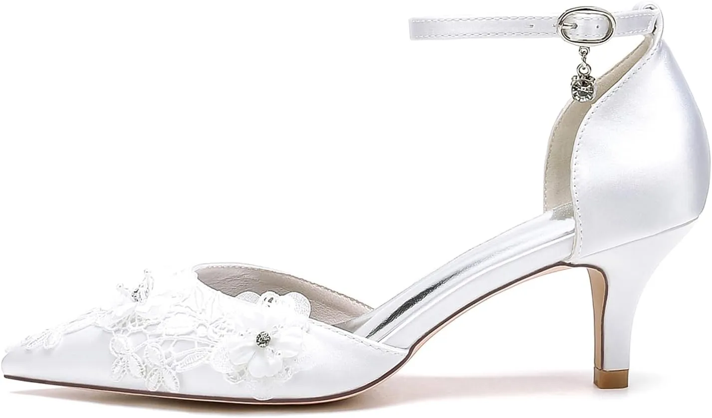 Women's Wedding Shoes Stiletto Pumps with Embroidery Lace Flower Pointed Toe Ankle Strap High Heel Bridal Party Dress Shoes