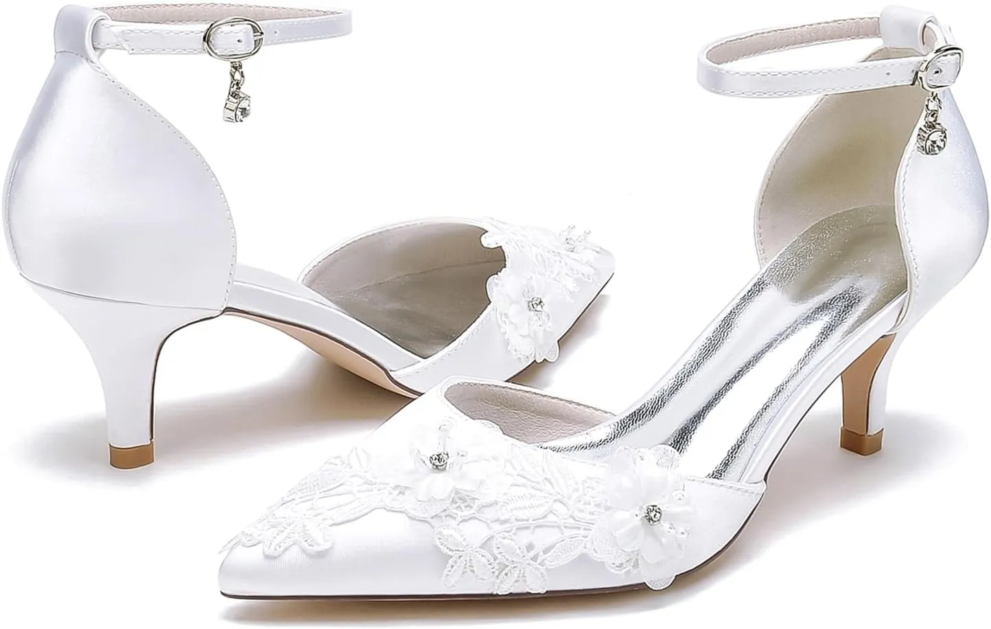 Women's Wedding Shoes Stiletto Pumps with Embroidery Lace Flower Pointed Toe Ankle Strap High Heel Bridal Party Dress Shoes
