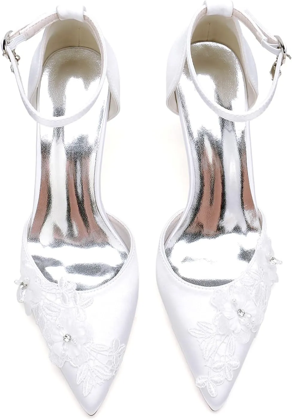 Women's Wedding Shoes Stiletto Pumps with Embroidery Lace Flower Pointed Toe Ankle Strap High Heel Bridal Party Dress Shoes