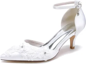 Women's Wedding Shoes Stiletto Pumps with Embroidery Lace Flower Pointed Toe Ankle Strap High Heel Bridal Party Dress Shoes