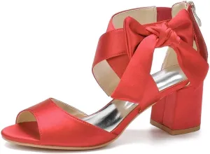 Womens Wedding Shoes Women's Low Block Heel Sandals Satin Bridal Chunky Ankle Strap Zipper Wedding Dress Shoes Low Heel Pump(Red,8.5)