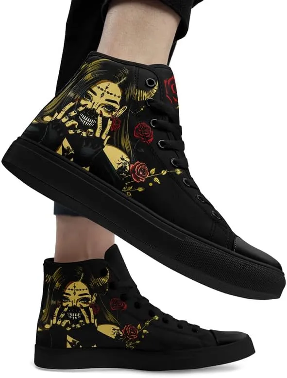 Womens/Mens Fashion High Top Canvas Shoes Lace Up Skull Black Canvas Sneaker Non Slip Casual Comfortable Walking Tennis Shoes