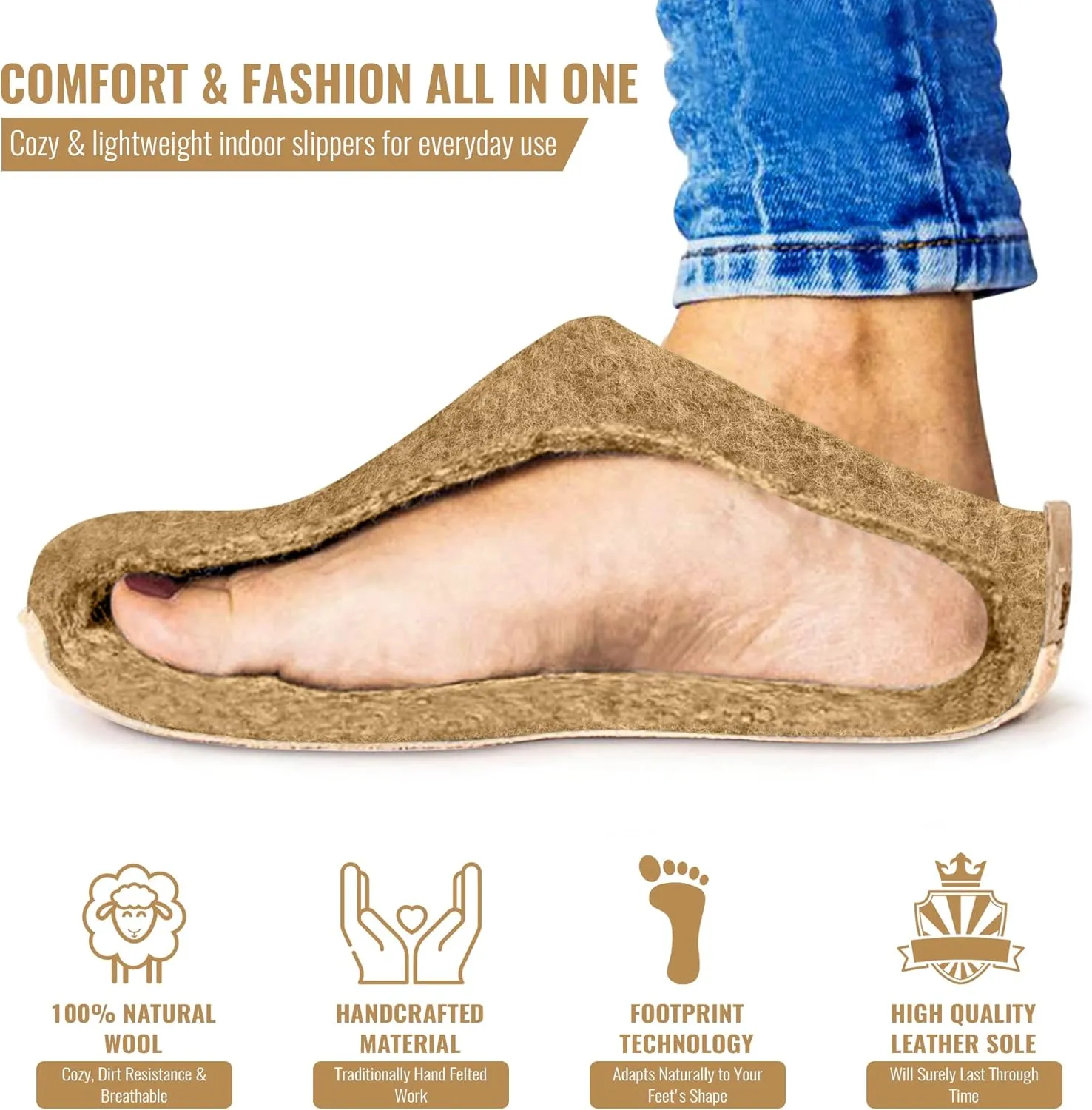 Wool Indoor Slippers - Natural Organic Wool, Genuine Leather Sole, Handmade in Nepal - Cozy, Warm, Soft, Unisex Non-Slip House Shoes for Men & Women - Perfect for Winter Comfort
