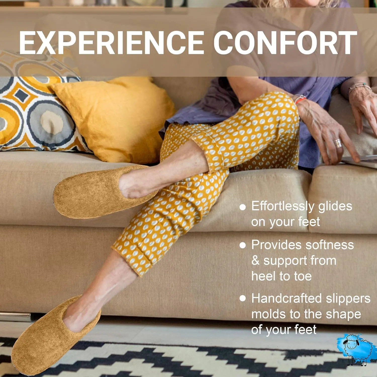 Wool Indoor Slippers - Natural Organic Wool, Genuine Leather Sole, Handmade in Nepal - Cozy, Warm, Soft, Unisex Non-Slip House Shoes for Men & Women - Perfect for Winter Comfort
