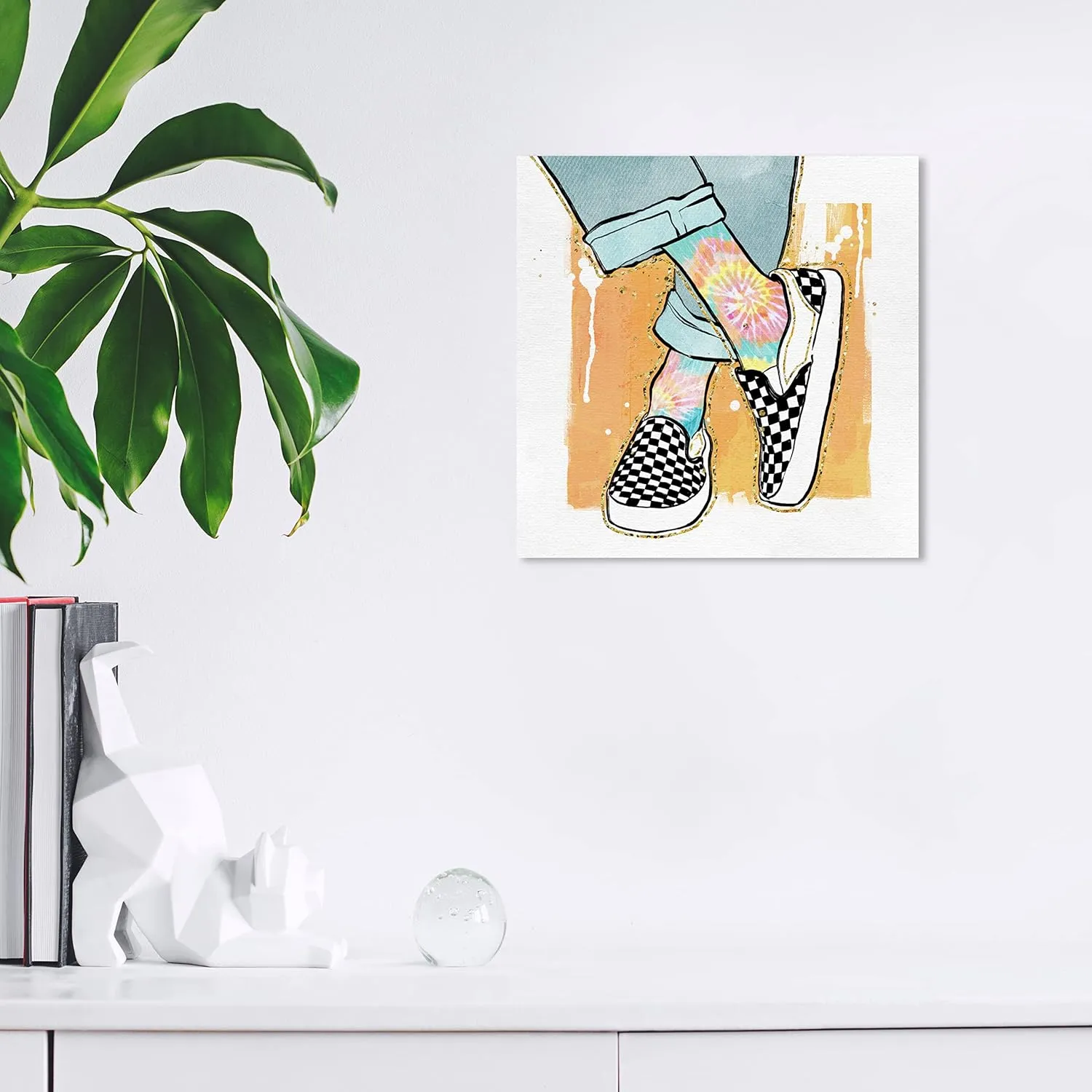Wynwood Studio Fashion and Glam Contemporary Canvas Art - Her Favorite Shoes, Wall Art for Living Room, Bedroom, and Bathroom, 12 in x 12 in, Orange and Blue Home Decor