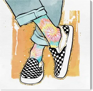 Wynwood Studio Fashion and Glam Contemporary Canvas Art - Her Favorite Shoes, Wall Art for Living Room, Bedroom, and Bathroom, 12 in x 12 in, Orange and Blue Home Decor