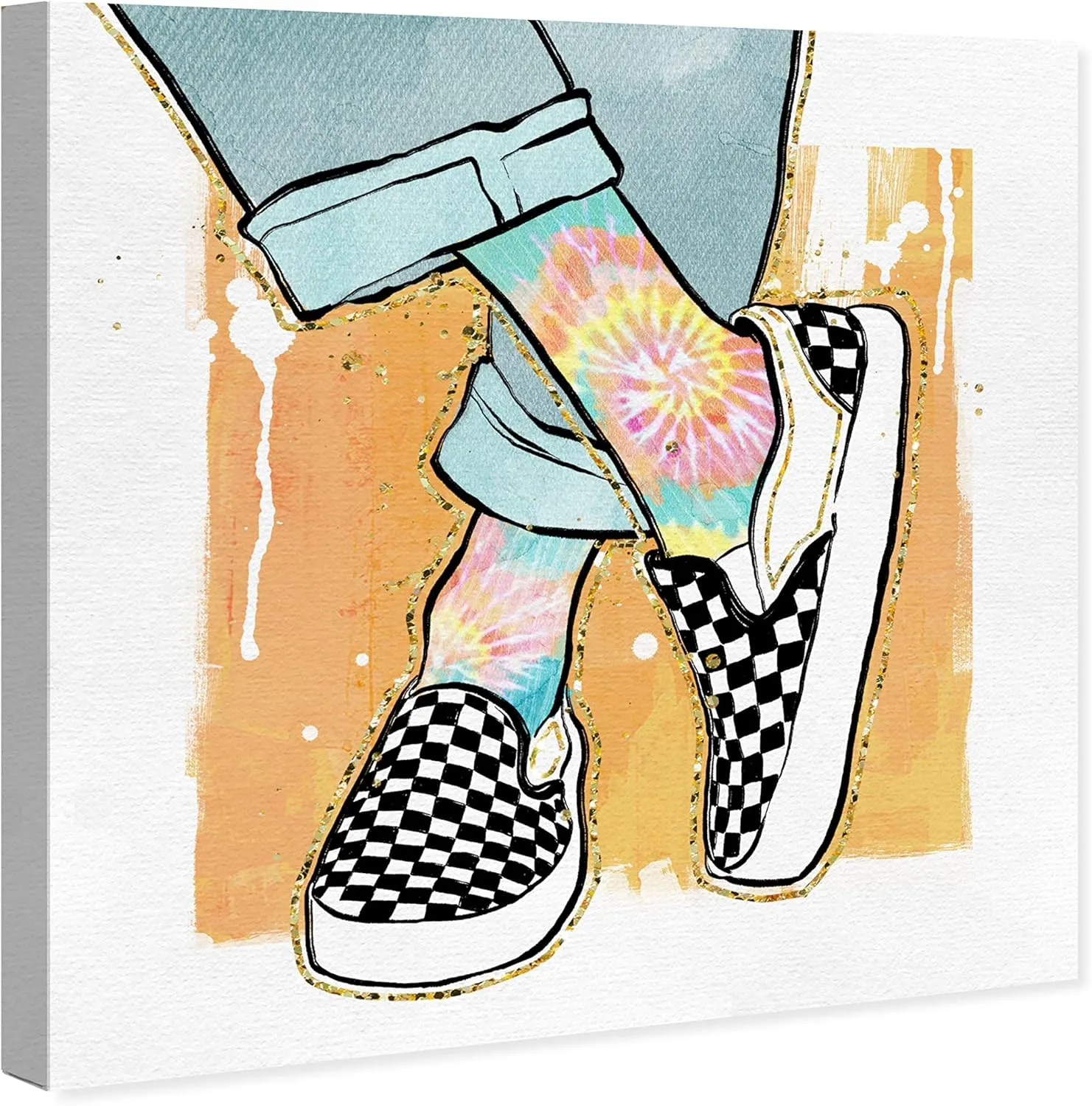 Wynwood Studio Fashion and Glam Contemporary Canvas Art - Her Favorite Shoes, Wall Art for Living Room, Bedroom, and Bathroom, 12 in x 12 in, Orange and Blue Home Decor