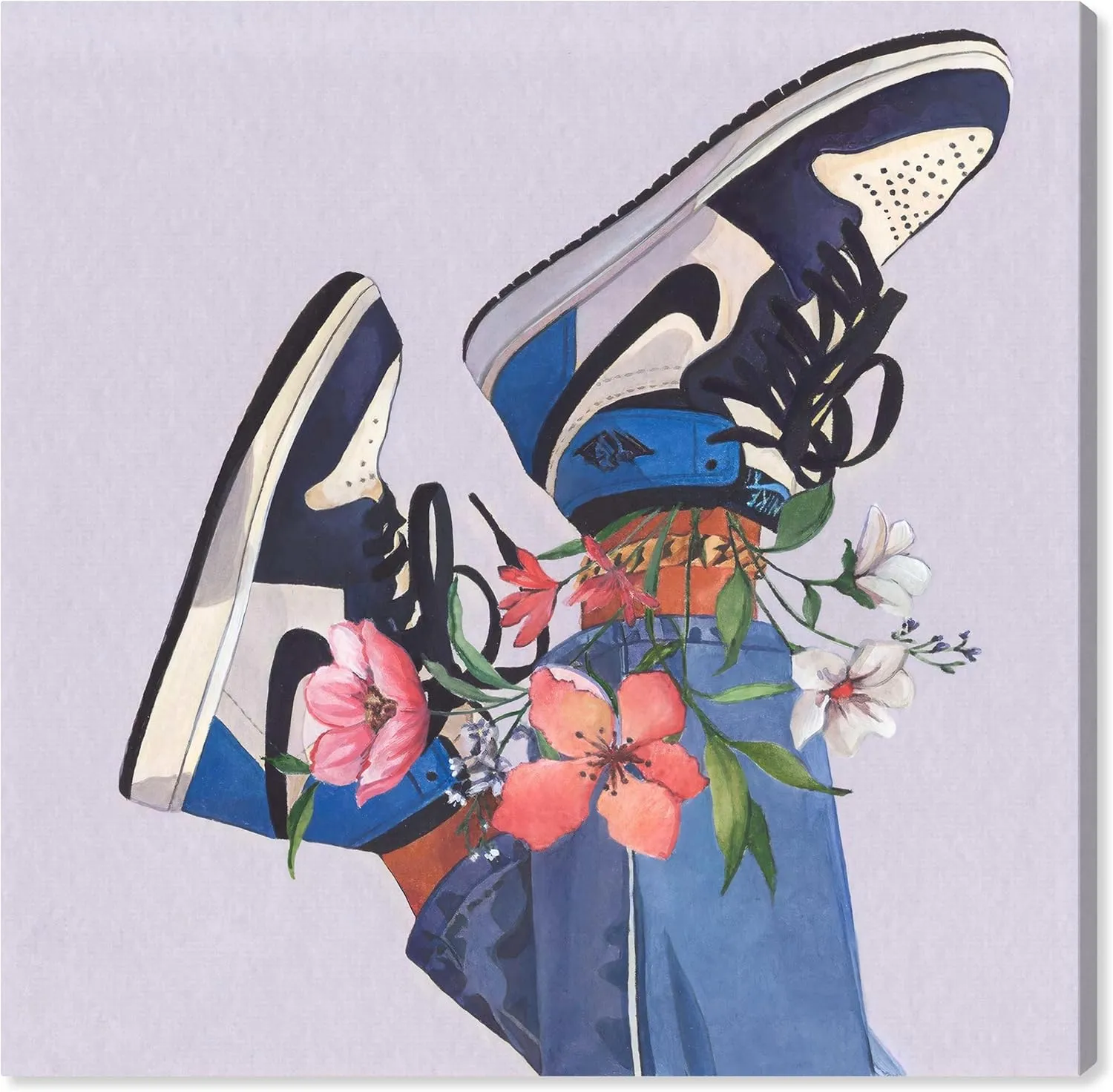 Wynwood Studio Fashion and Glam Modern Canvas Art - Jordans and flowers, Wall Art for Living Room, Bedroom, and Bathroom, 30 in x 30, Blue and Pink Home Decor