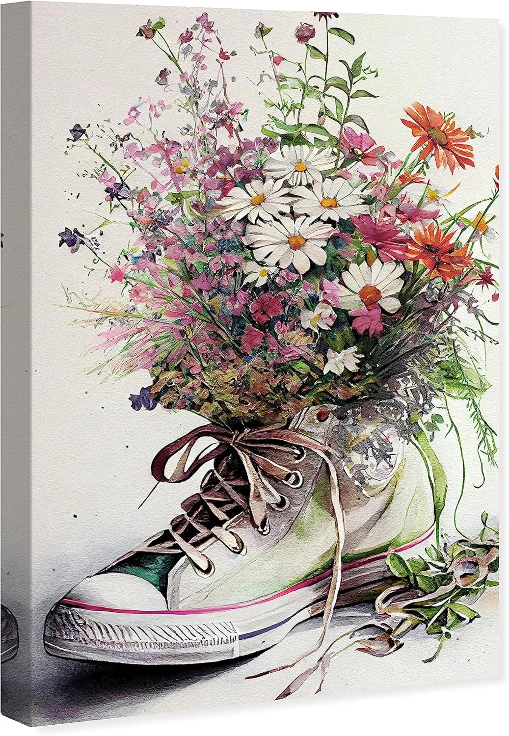 Wynwood Studio Fashion and Glam Southwestern Canvas Art - White Chucks and Flowers, Wall Art for Living Room, Bedroom, and Bathroom, 36 in x 54, White and Pink Home Decor