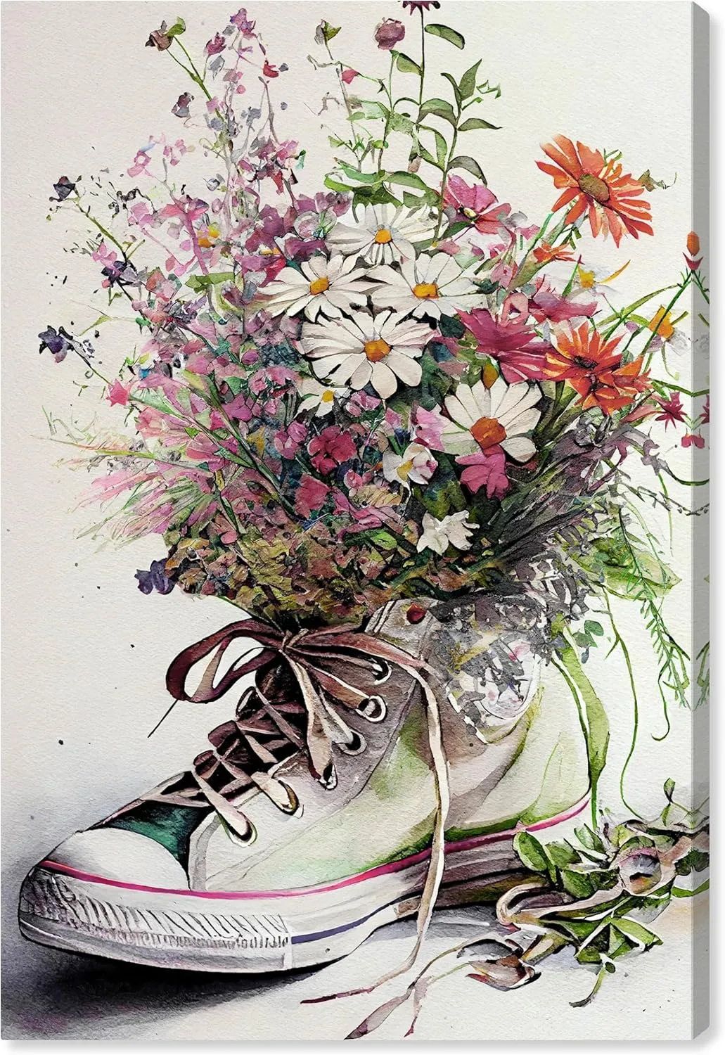 Wynwood Studio Fashion and Glam Southwestern Canvas Art - White Chucks and Flowers, Wall Art for Living Room, Bedroom, and Bathroom, 36 in x 54, White and Pink Home Decor