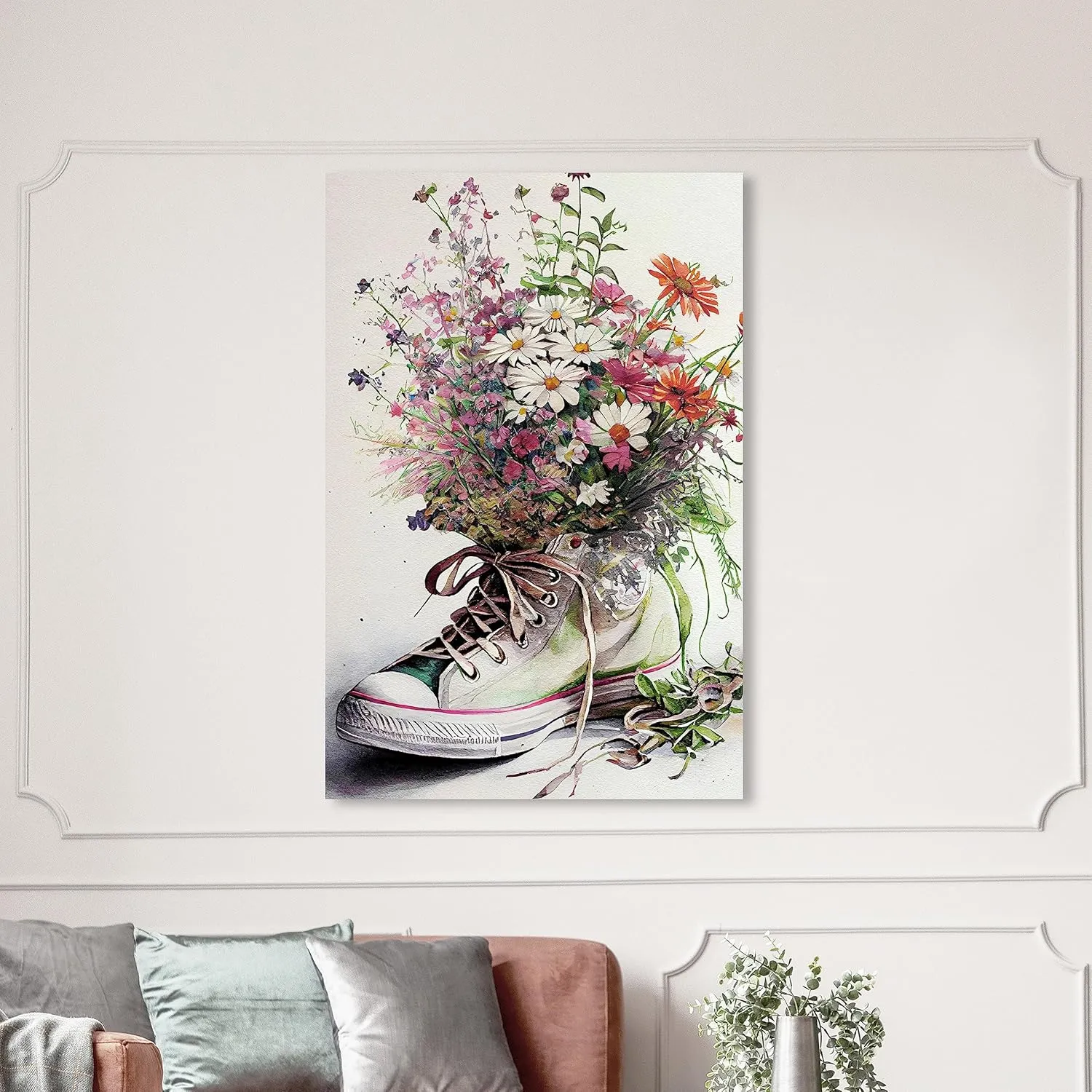 Wynwood Studio Fashion and Glam Southwestern Canvas Art - White Chucks and Flowers, Wall Art for Living Room, Bedroom, and Bathroom, 36 in x 54, White and Pink Home Decor
