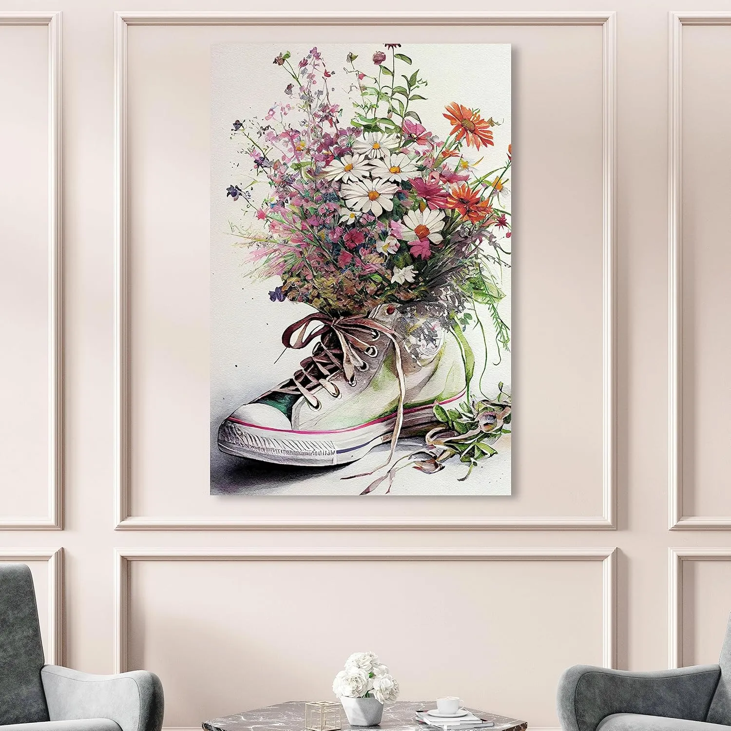 Wynwood Studio Fashion and Glam Southwestern Canvas Art - White Chucks and Flowers, Wall Art for Living Room, Bedroom, and Bathroom, 36 in x 54, White and Pink Home Decor