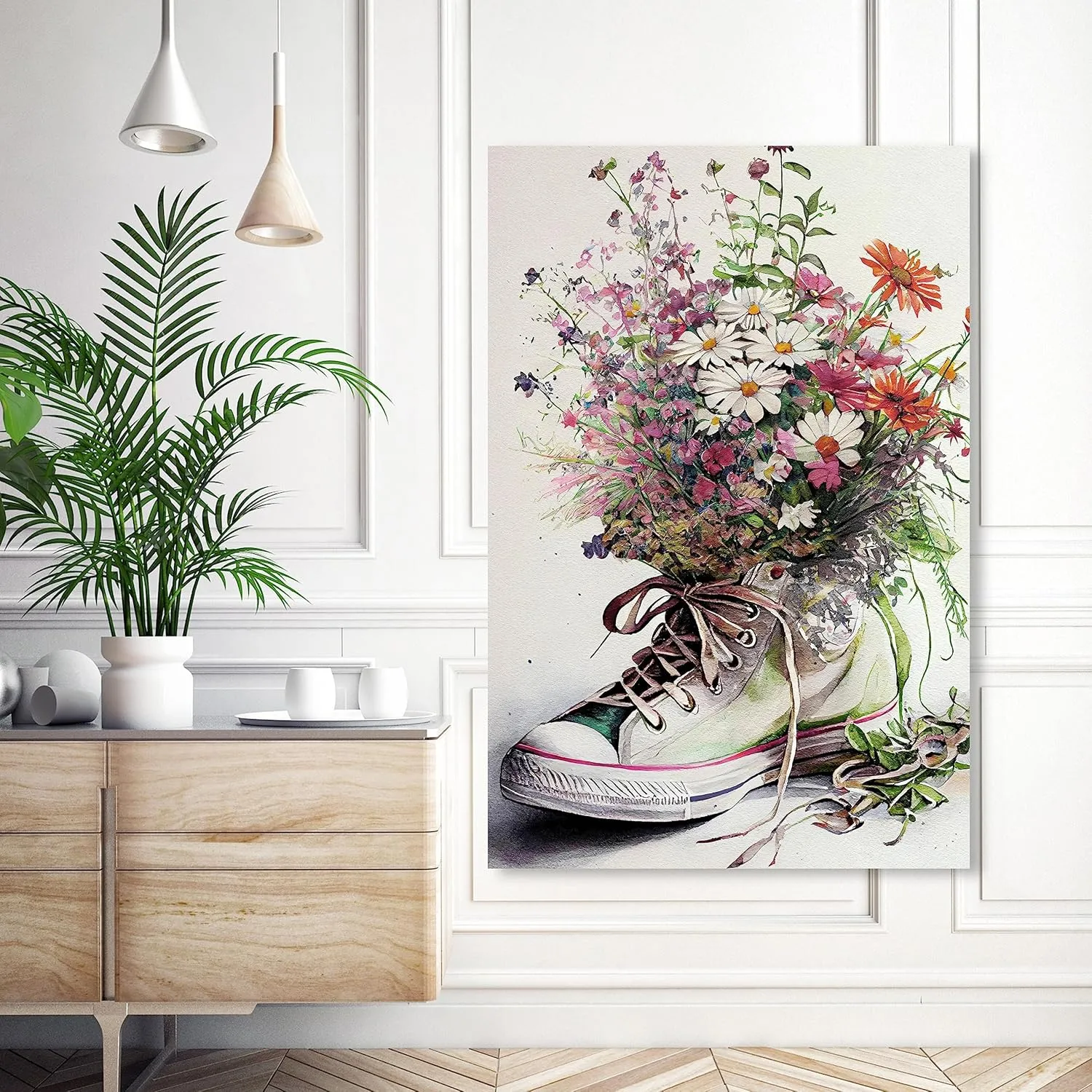 Wynwood Studio Fashion and Glam Southwestern Canvas Art - White Chucks and Flowers, Wall Art for Living Room, Bedroom, and Bathroom, 36 in x 54, White and Pink Home Decor