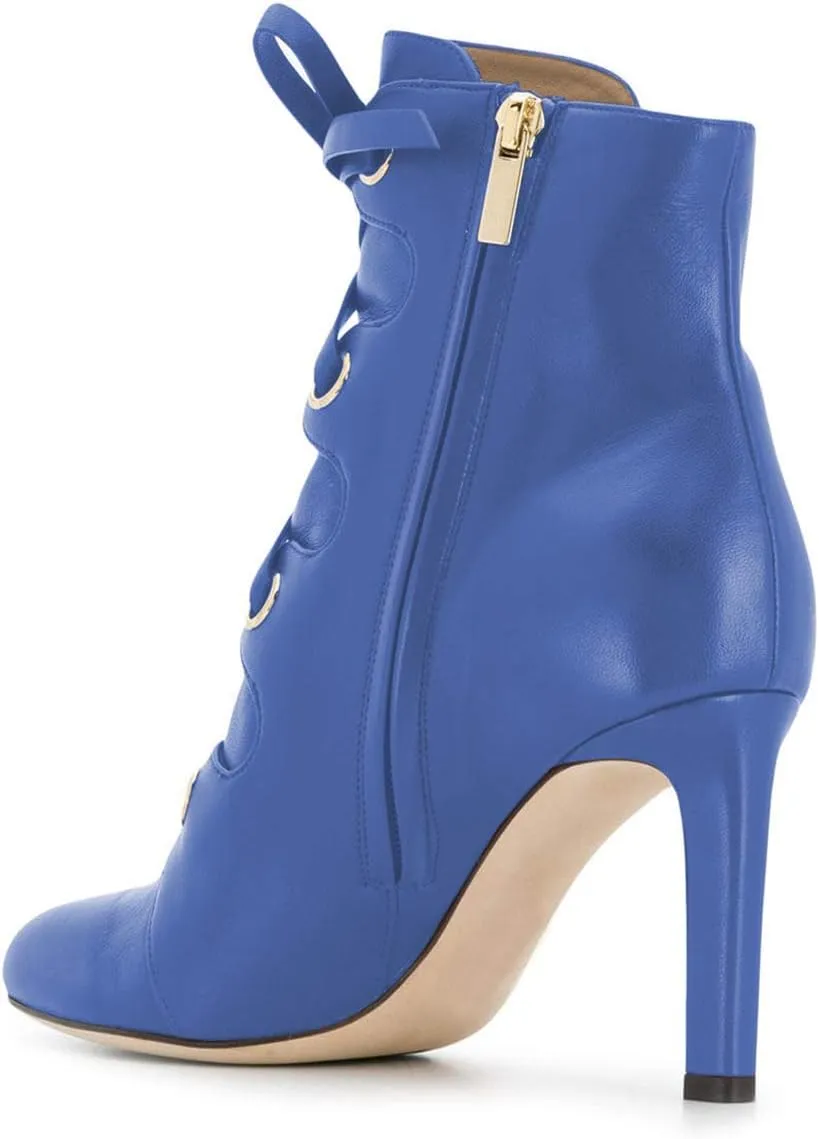 YDN Women Classic Closed Round Toe Ankle Boots Lace Up Thick High Heels Cross Straps Formal Shoes