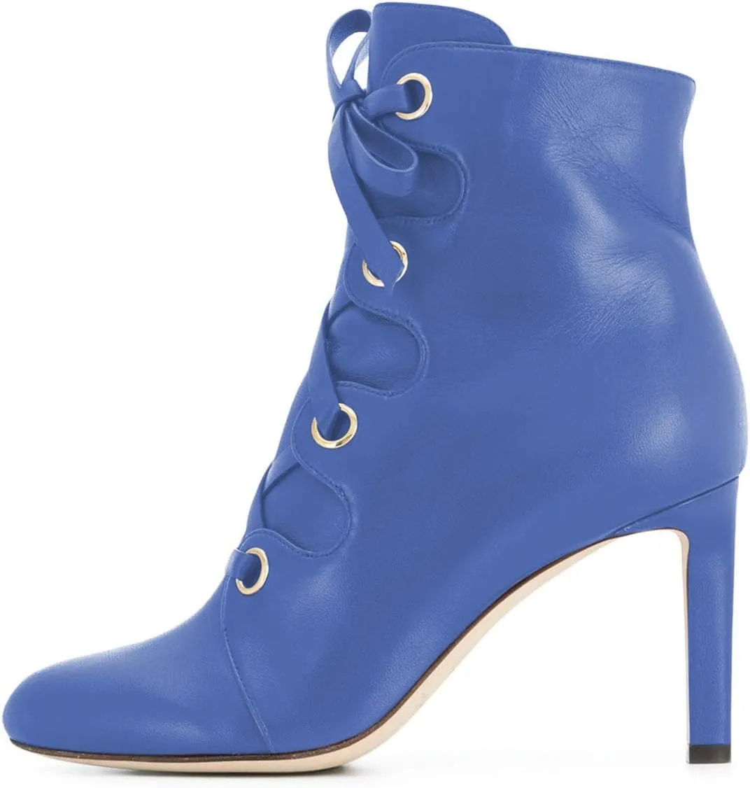 YDN Women Classic Closed Round Toe Ankle Boots Lace Up Thick High Heels Cross Straps Formal Shoes