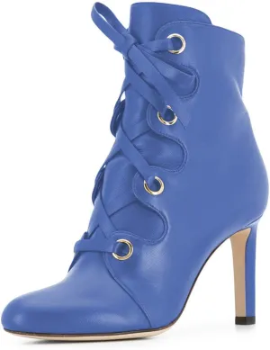 YDN Women Classic Closed Round Toe Ankle Boots Lace Up Thick High Heels Cross Straps Formal Shoes