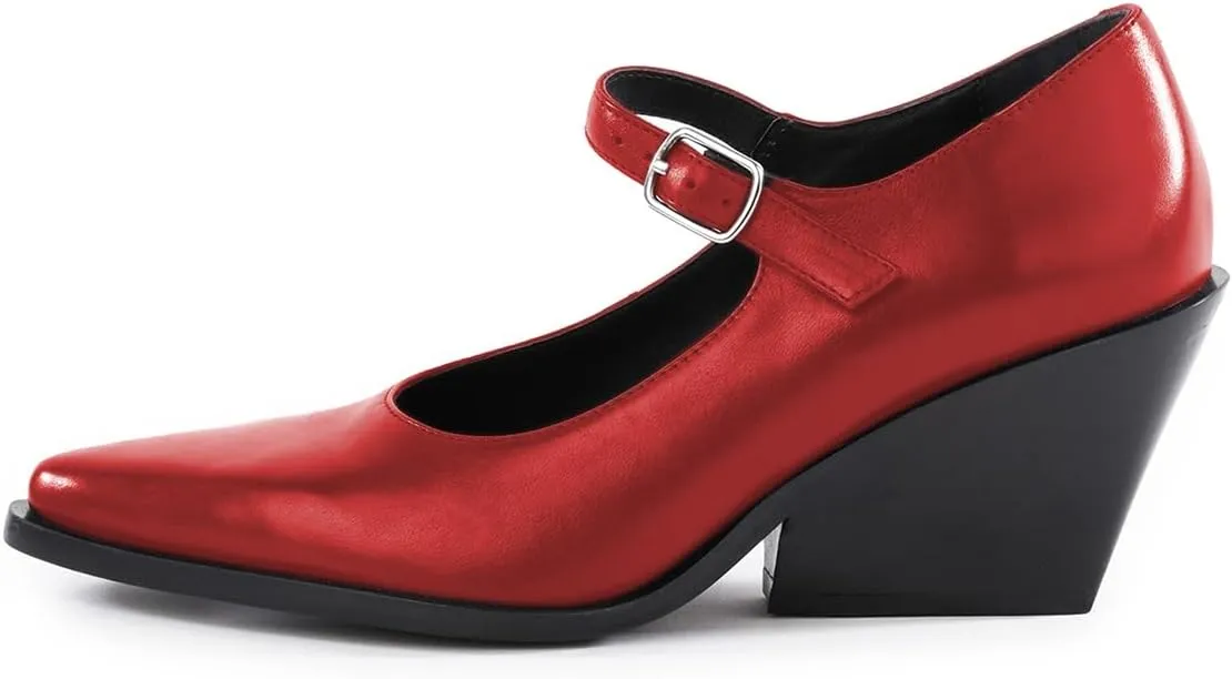 YDN Women's Chunky Block Heeled Mary Janes Sexy Pointy Toe Pumps with Buckle Strap Mid High Heels Formal Daily Business Dressy Shoes Size 4-16 US