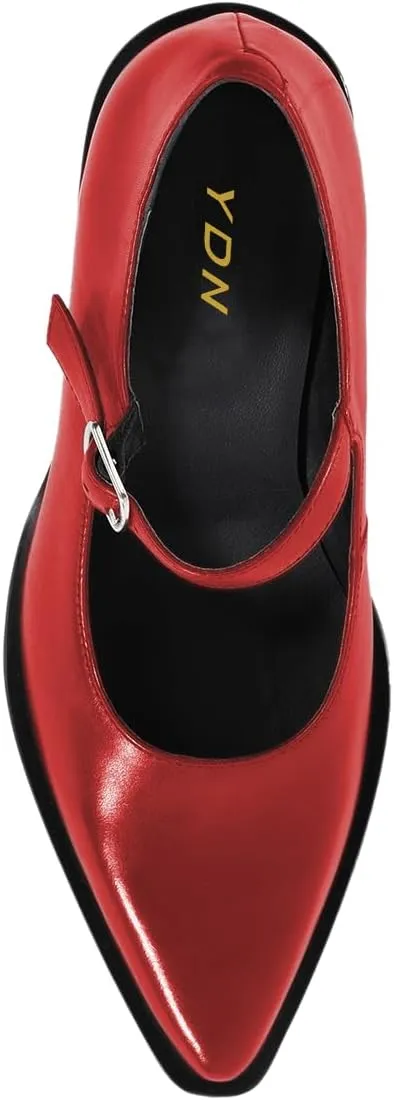 YDN Women's Chunky Block Heeled Mary Janes Sexy Pointy Toe Pumps with Buckle Strap Mid High Heels Formal Daily Business Dressy Shoes Size 4-16 US