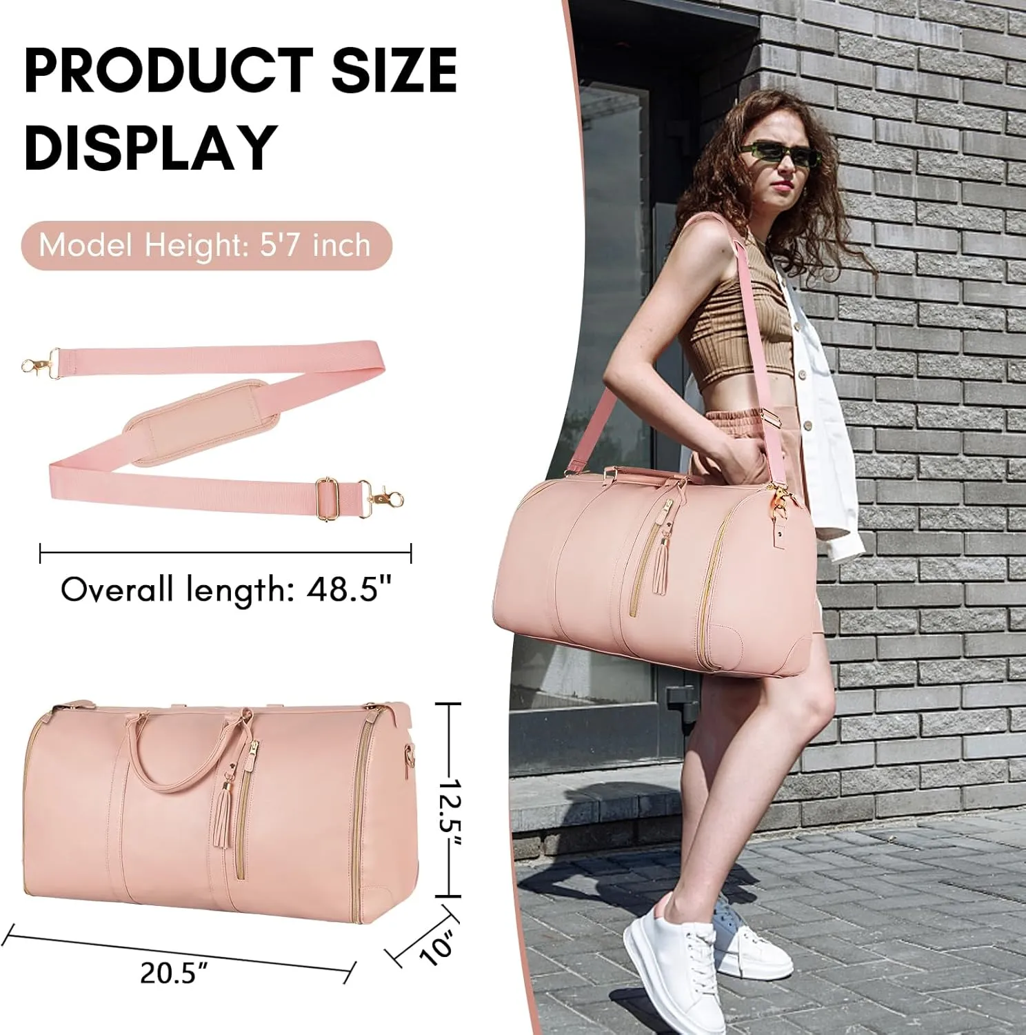 Ytonet Garment Duffle Bags for Travel, Convertible Carry On Garment Bag for Women, Large PU Leather Foldable Travel Bag with Shoe Pouch, 2 in 1 Hanging Suitcase Dress Suit Travel Bags, Pink