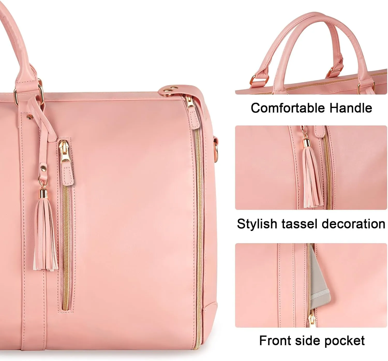 Ytonet Garment Duffle Bags for Travel, Convertible Carry On Garment Bag for Women, Large PU Leather Foldable Travel Bag with Shoe Pouch, 2 in 1 Hanging Suitcase Dress Suit Travel Bags, Pink