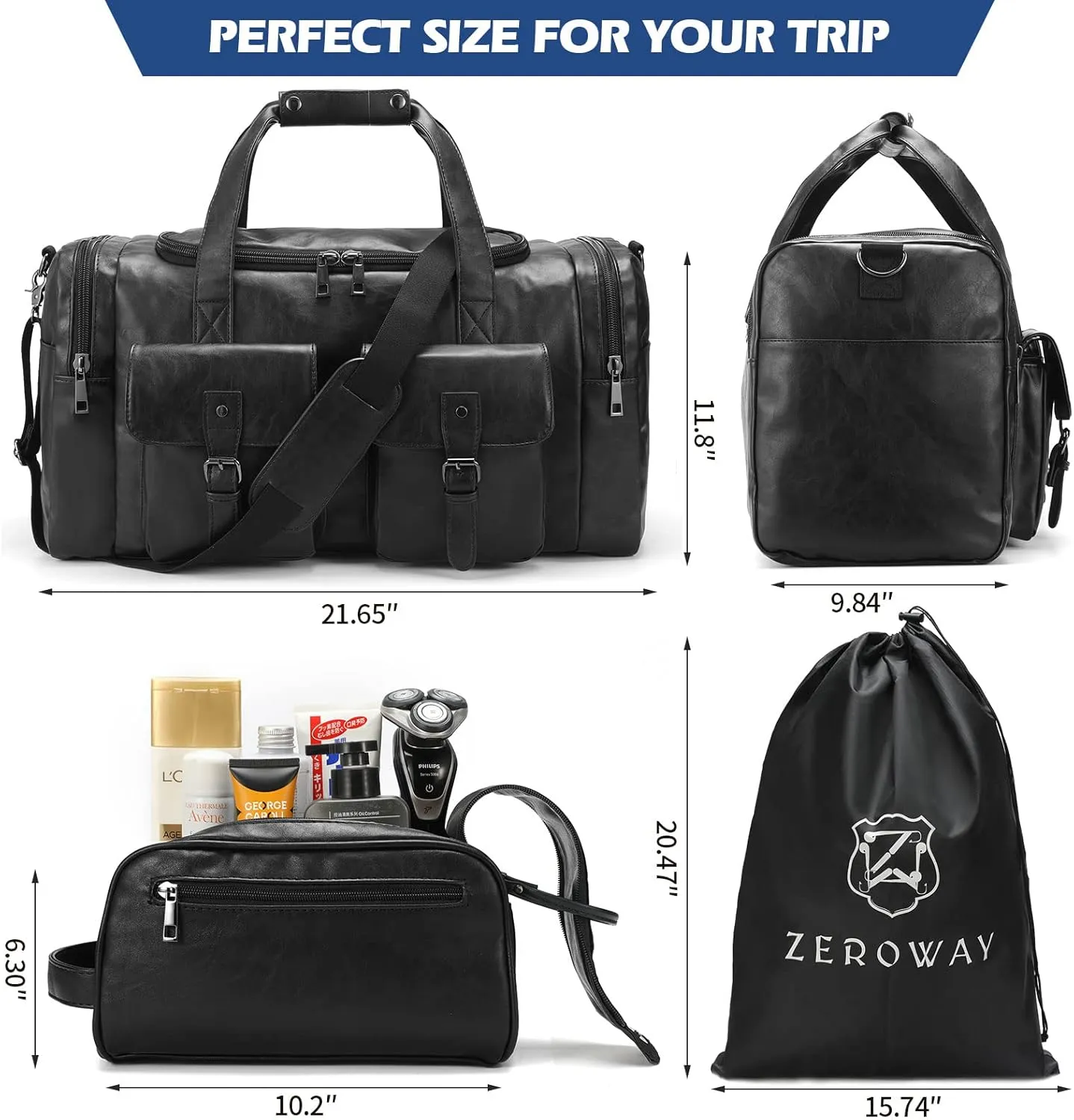 Zeroway PU Leather Travel Duffel Bag with Toiletry Dopp Kit and Laundry Bag, Weekender Overnight bag Luggage Carry-On Bag with Shoe Pouch for Men or Women Black