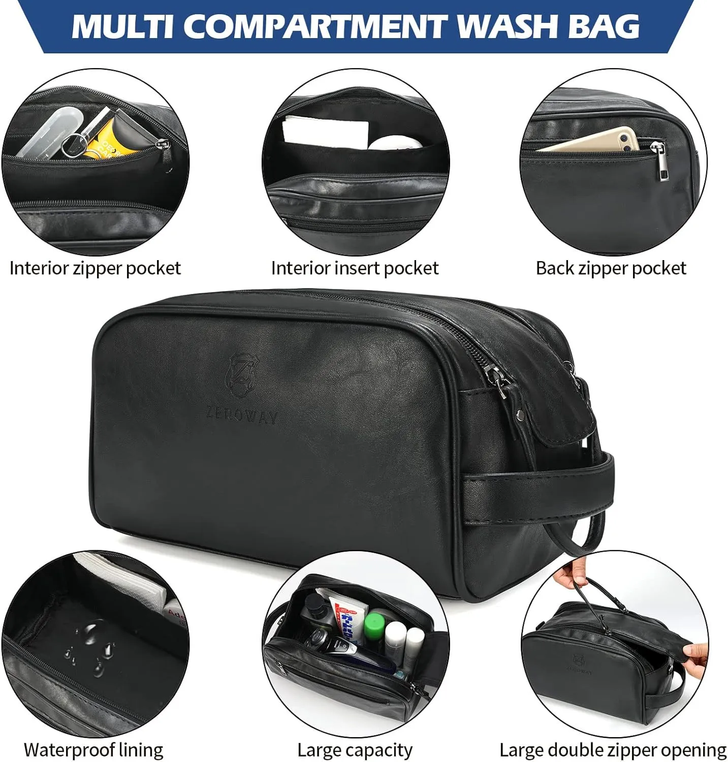 Zeroway PU Leather Travel Duffel Bag with Toiletry Dopp Kit and Laundry Bag, Weekender Overnight bag Luggage Carry-On Bag with Shoe Pouch for Men or Women Black