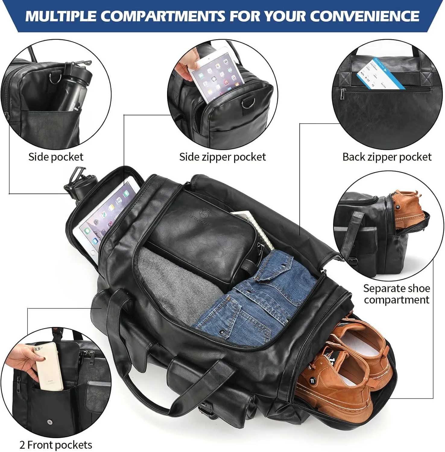 Zeroway PU Leather Travel Duffel Bag with Toiletry Dopp Kit and Laundry Bag, Weekender Overnight bag Luggage Carry-On Bag with Shoe Pouch for Men or Women Black