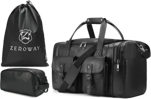 Zeroway PU Leather Travel Duffel Bag with Toiletry Dopp Kit and Laundry Bag, Weekender Overnight bag Luggage Carry-On Bag with Shoe Pouch for Men or Women Black