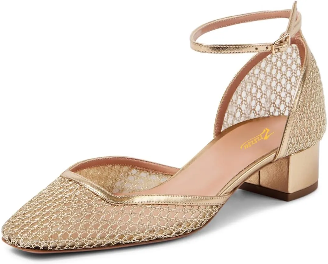 Zszszsu Women's Comfort Square Toe Low Heeled Pumps D'Orsay Chunky Low Heels Ankle Buckled Strap Dress Shoes for Prom Wedding Party Size 4-16 US