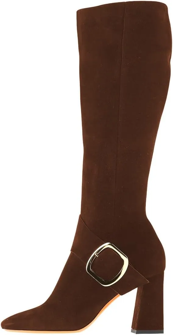 Zszszsu Women's Square Toe Knee High Boots with Side Zipper Chunky Block High Heels Buckle Decor Dressy Long Boots Shoes Size 4-16 US