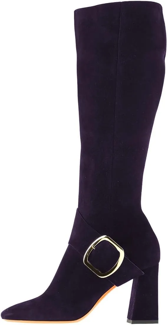 Zszszsu Women's Square Toe Knee High Boots with Side Zipper Chunky Block High Heels Buckle Decor Dressy Long Boots Shoes Size 4-16 US