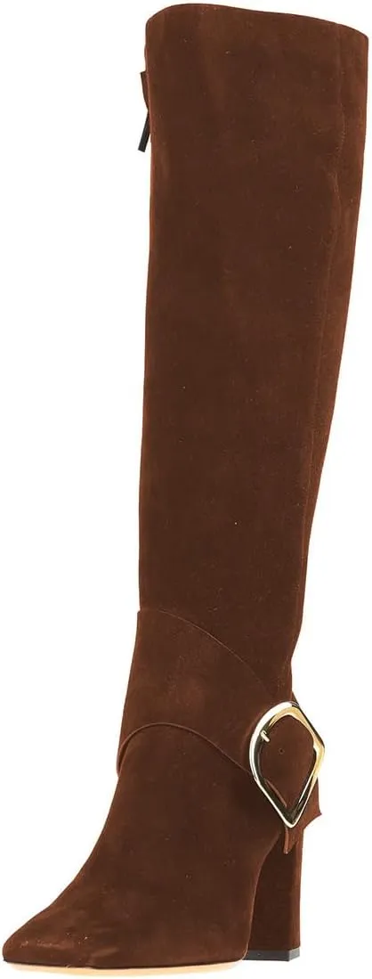 Zszszsu Women's Square Toe Knee High Boots with Side Zipper Chunky Block High Heels Buckle Decor Dressy Long Boots Shoes Size 4-16 US