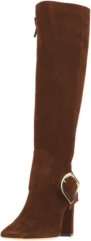 Zszszsu Women's Square Toe Knee High Boots with Side Zipper Chunky Block High Heels Buckle Decor Dressy Long Boots Shoes Size 4-16 US